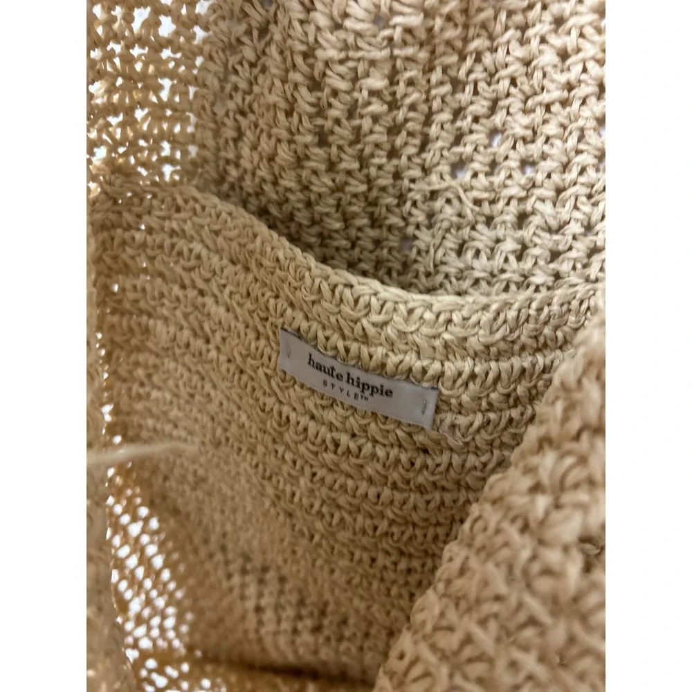 Haute Hippie Style Woven Straw Tote Bag Beige Tan Striped Straps Tassel NWT